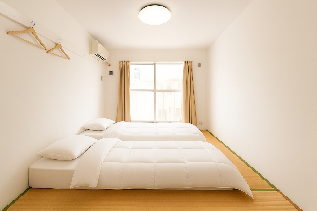 Bright Japanese-style room with tatami flooring and two futon beds at Sakura Hotel Nippori in Tokyo