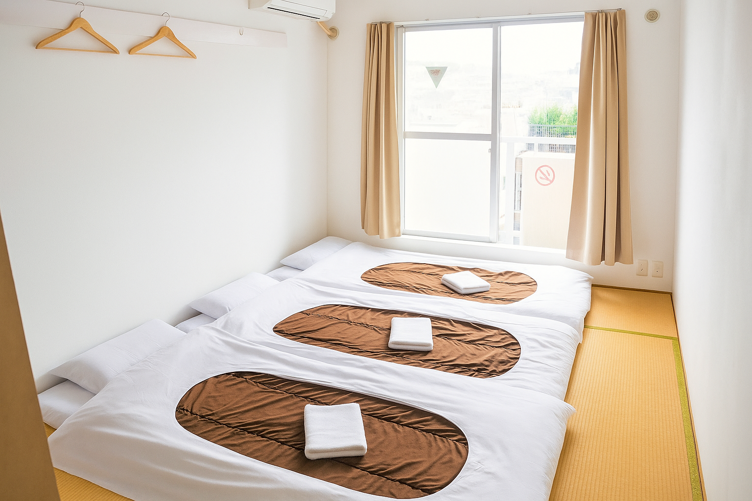 "Japanese Style Triple Room with tatami flooring and futons, ideal for families and groups at Sakura Hotel Nippori in Tokyo"