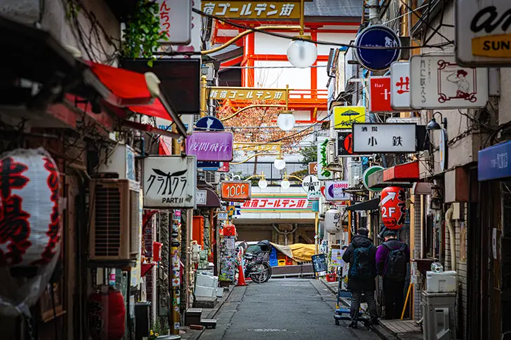 Shinjuku Golden Gai in Tokyo, a narrow alley filled with small bars and unique nightlife spots