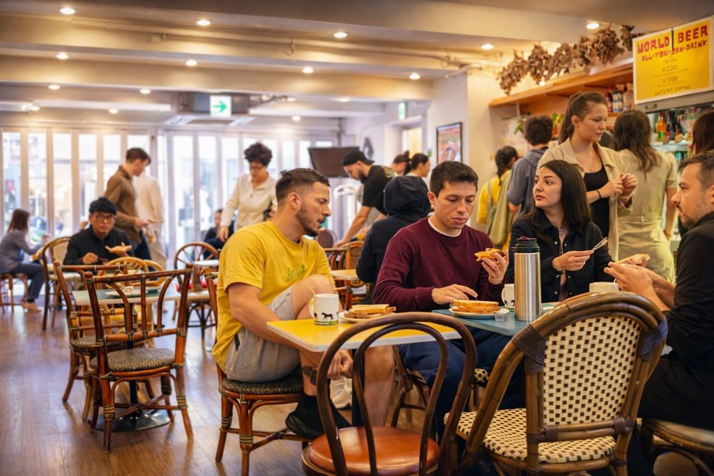 Guests enjoying breakfast and conversation inside Sakura Hotel Nippori in Tokyo.