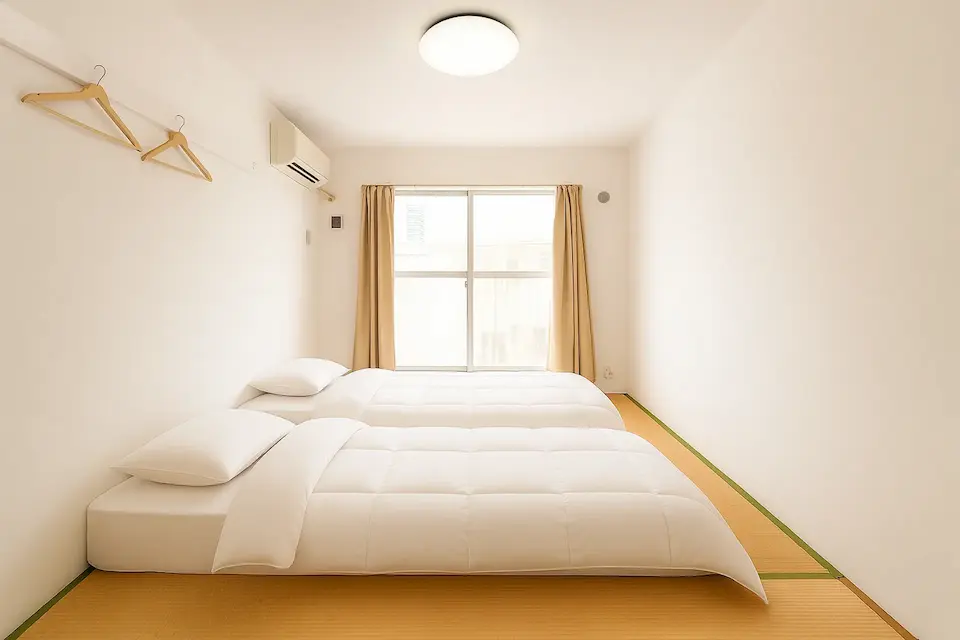 Japanese-style tatami room with futon beds for families in Tokyo